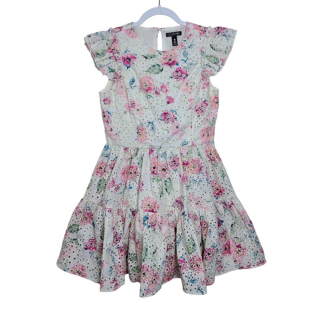 AQUA White Floral Eyelet Flutter Sleeve Ruffle Mini Dress S Beachy Vacation